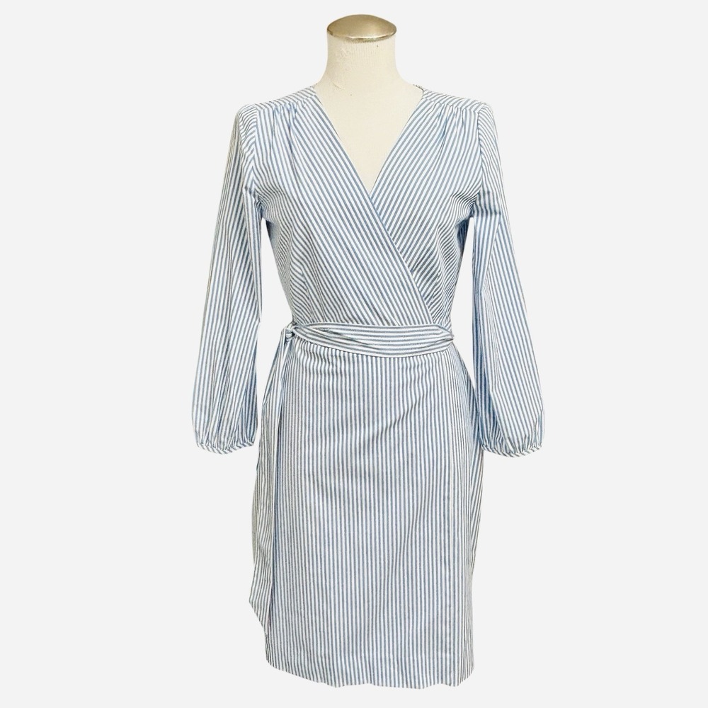 NWT J. Crew Wrap Dress Women's Size 4 Striped Cotton Poplin Blue White  Lined - Picture 3 of 16